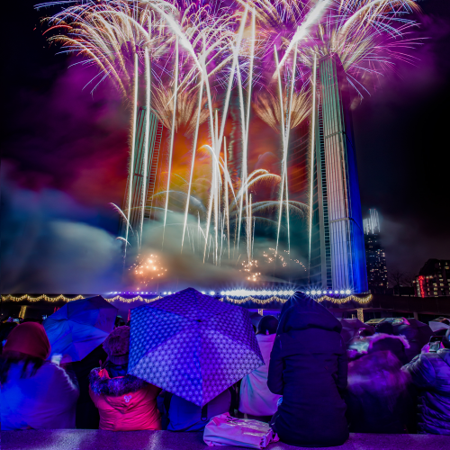 Fireworks in the Rain Over City Hall Toronto ON
