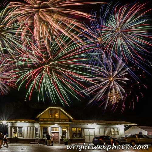 Fireworks Over the Uxbridge Historic Train Station. 