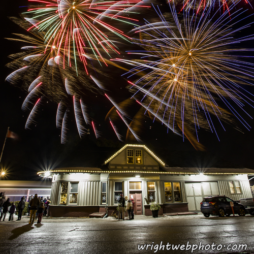 Fireworks Over the Uxbridge Historic Train Station. 