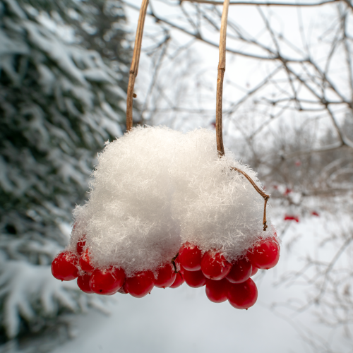 Snow covered cranberry viburnum berries.