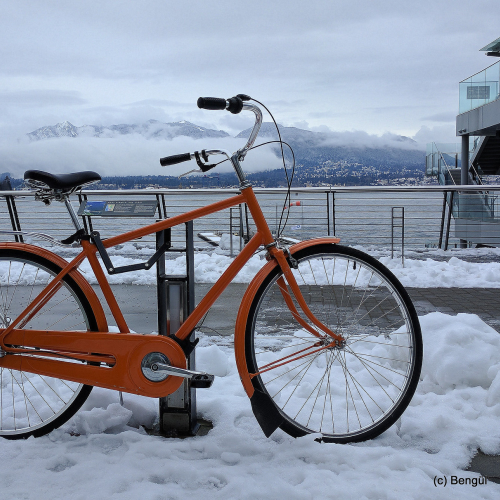 Orange bike in the snow