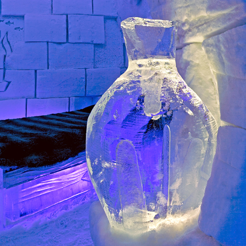 Perfume bottle in the English Garden room at the Quebec City Ice Hotel.
